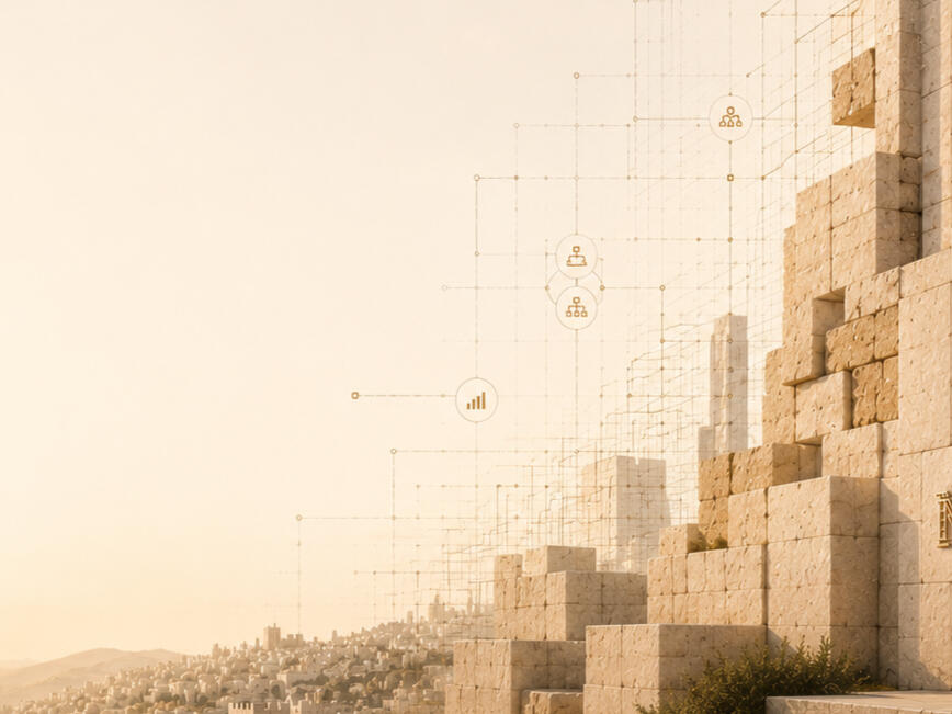 Warm limestone architecture with a subtle operations-system overlay and quiet space for NehemiOps hero copy.