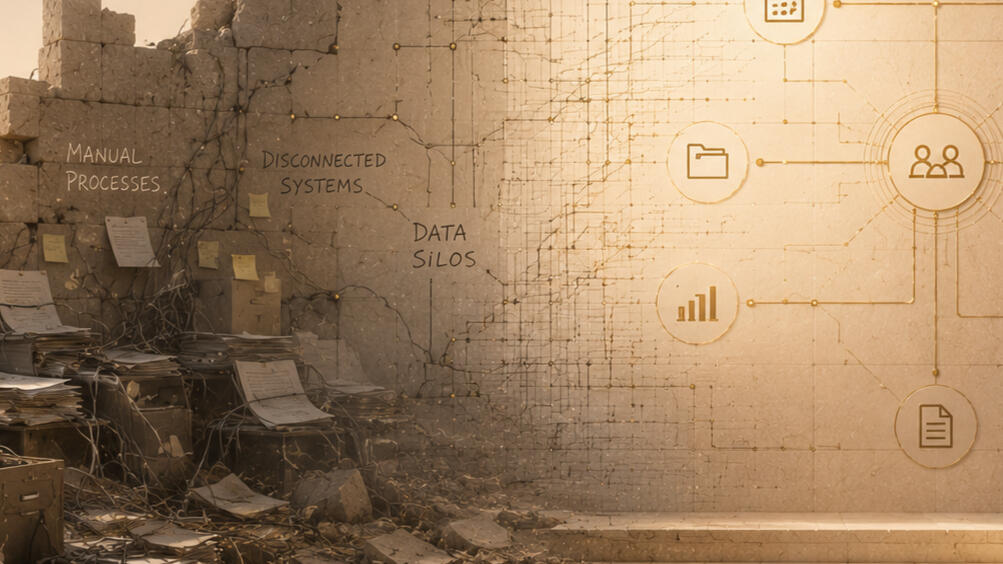 Illustration contrasting manual, disconnected processes and data silos with an integrated church operations system.